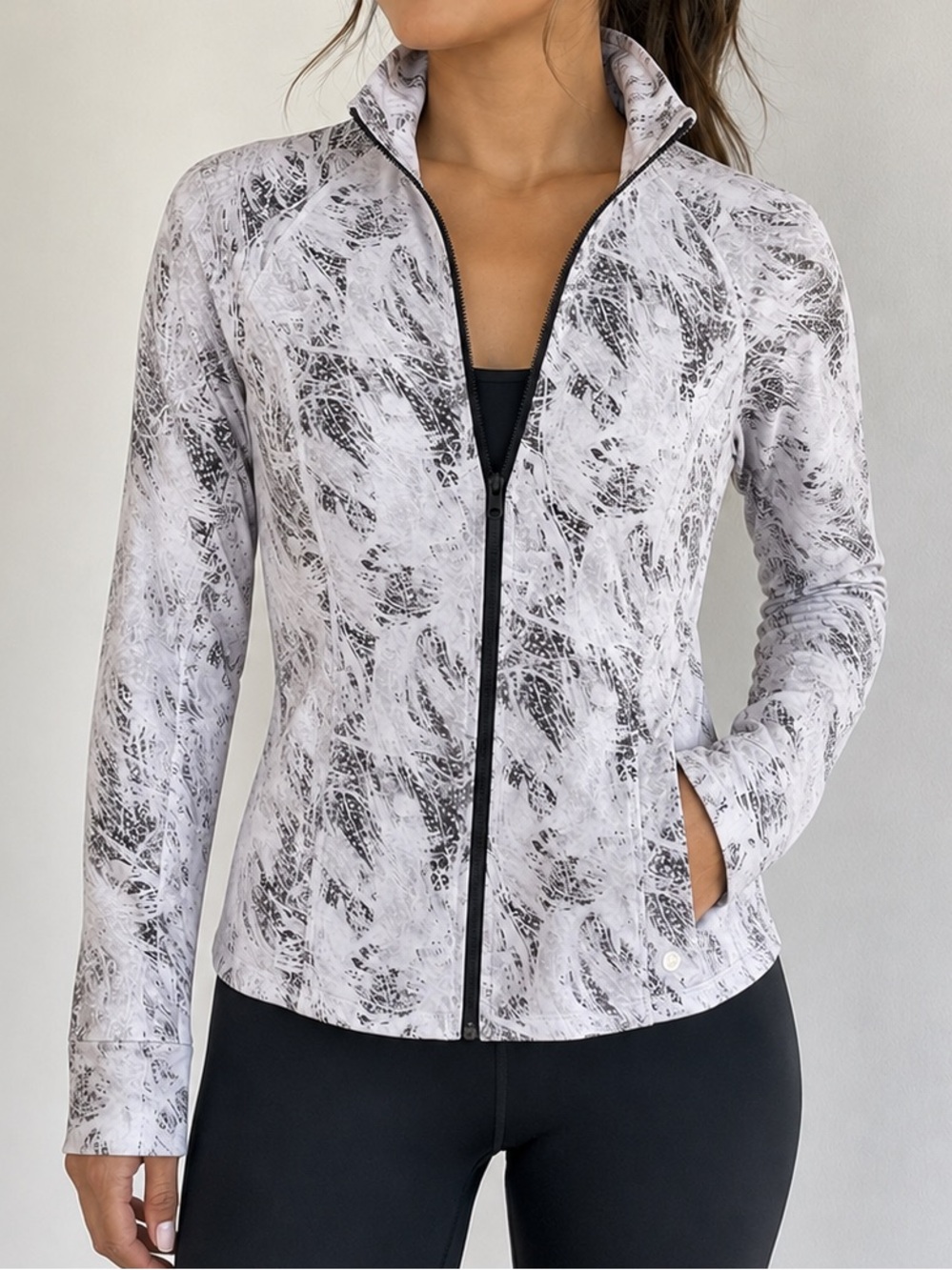 Joe Fresh Active Full Zip Athletic Jacket Gray White Abstract Print Medium